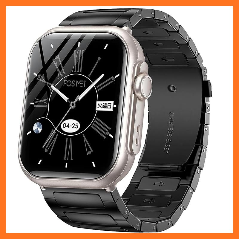 【新品】 [Lamshaw] for FOSMET P1 スマートウォッチ バンド，ステンレス製 メタル ベルト 金属交換バンド 時計ストラップ 長さ調整器具付き 対応 FOSMET P1 1.85インチ スマートウォッチ (ブラック， 2