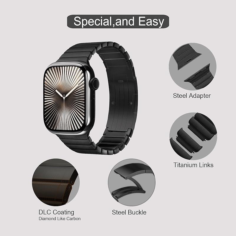 MaKTech チタンウォッチブレスレットバンド 軽量メタル丸角リンクストラップ 埋め込みバックル付き Apple Watch 11|10|9|8|7 Ultra 3|2|1 SE 2025 用 46 mm|45 mm|44 mm|4 0