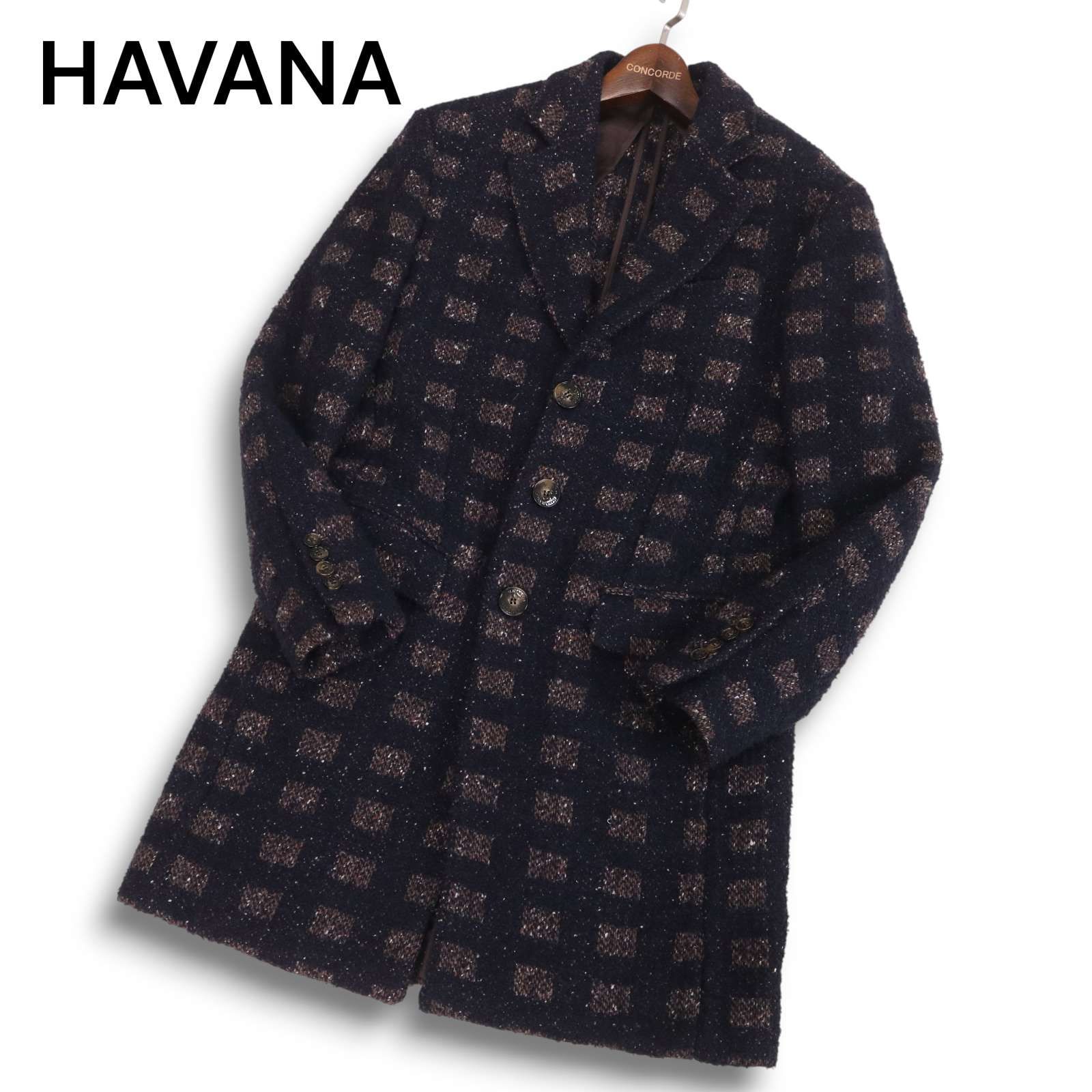 イタリア製★ HAVANA&co. ハバナアンドコー 秋冬 ウール&シルク★ ツイード チェック柄 チェスター コート Sz.48　メンズ 紺 イタリア製☆ HAVANA&co. ハバナアンドコー 秋冬 ウール&シルク