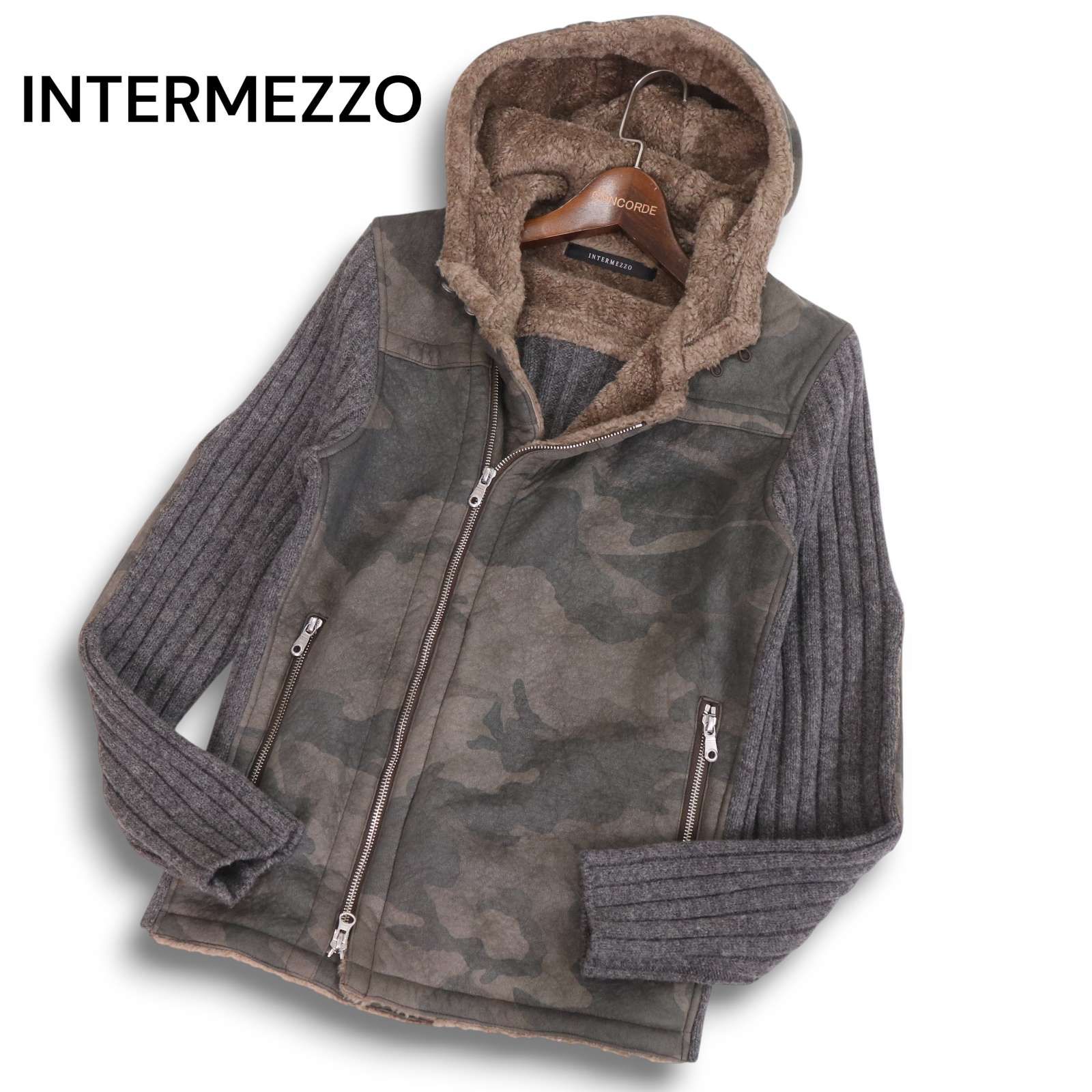 INTERMEZZO インターメッツォ レナウン 裏ボア カモ柄 Fムートン切替 ウール ニット ブルゾン ジャケット Sz.48 メンズ