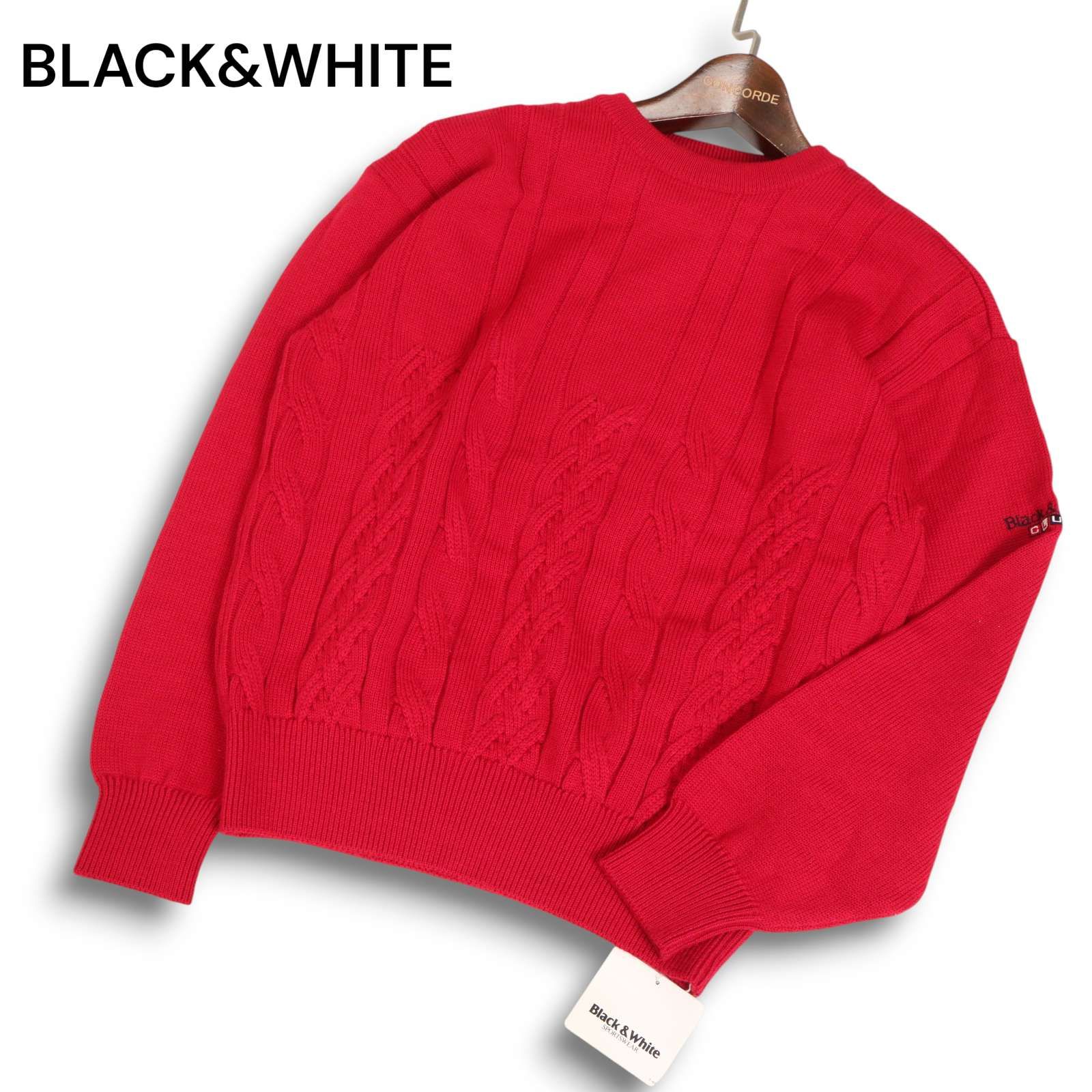 BLACK WHITE ブラック＆ホワイト ゴルフ 秋冬 ウール ケーブル ニット セーター Sz S メンズ 赤