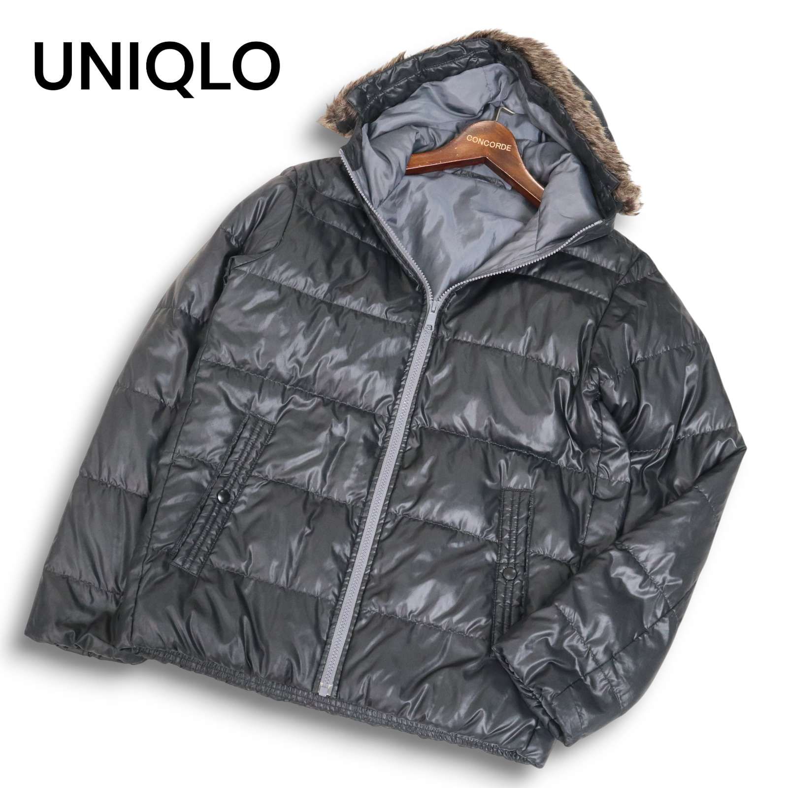 UNIQLO ユニクロ 秋冬 ファー☆ 光沢 フーデッド ダウン ジャケット Sz 
