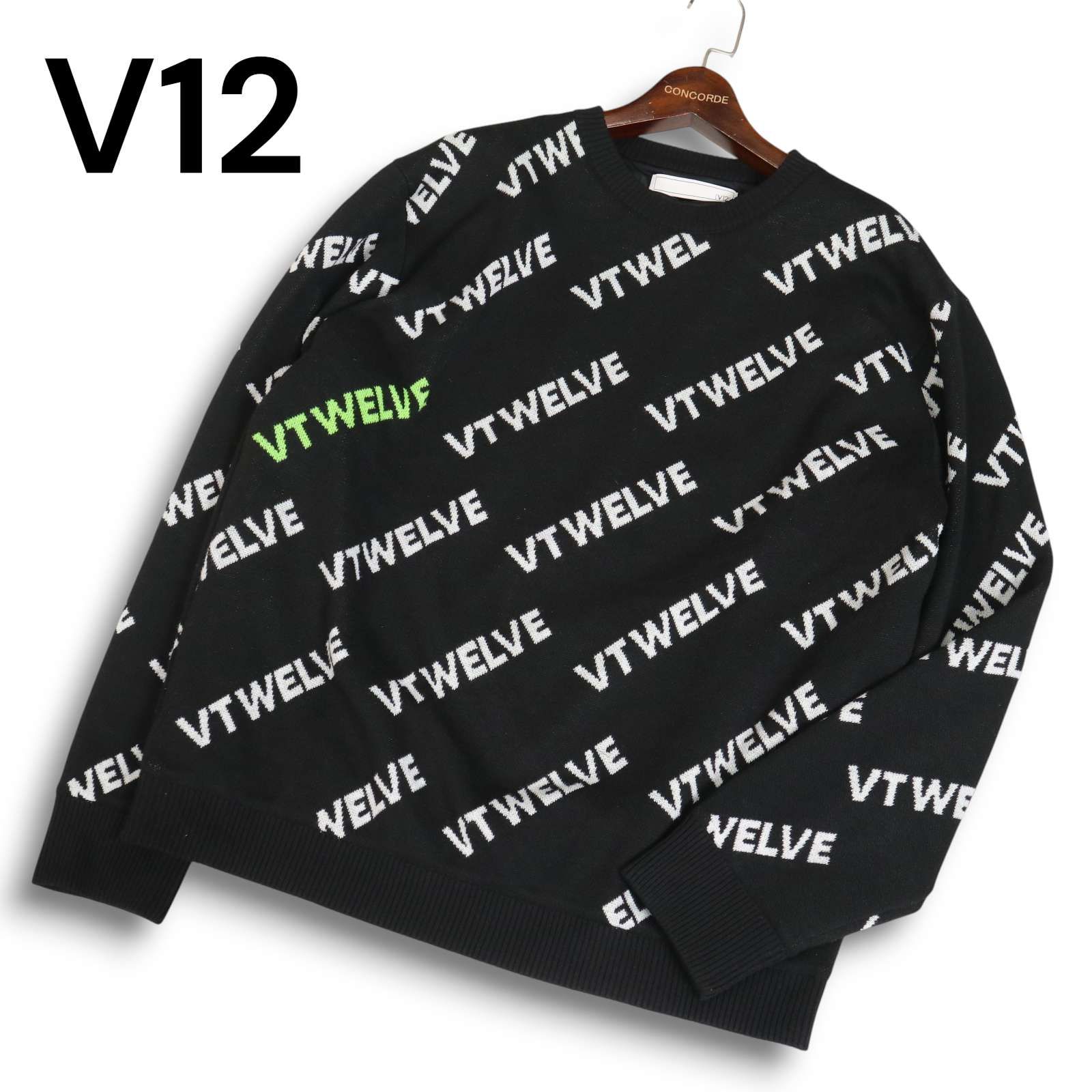 V 12 ヴィトゥエルブ ERROR VET KNIT 秋冬 VTWELVE ロゴ総柄 ニット セーター Sz XL メンズ 黒 ゴルフ