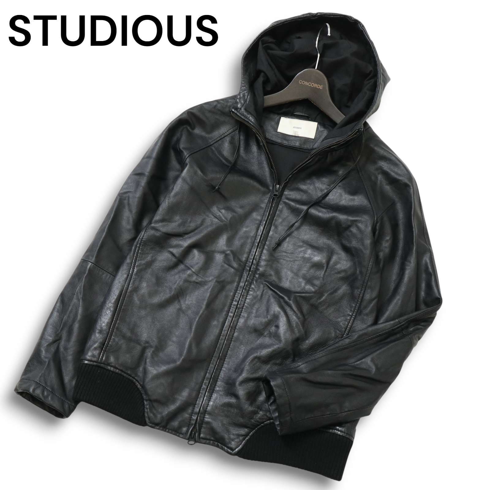 STUDIOUS ステュディオス 秋冬 羊革 ラム レザー パーカー ジャケット ブルゾン Sz.S メンズ 黒