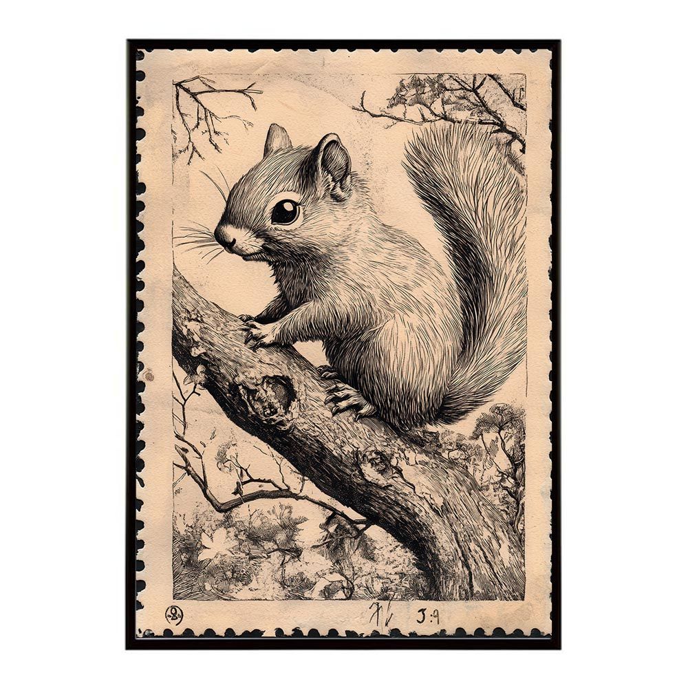 【B1サイズ（約73x103cm）】【lh-poster-11442】切手風 レトロ 動物 アニマル 擦れ 古典 シャビー ポスター フレーム付き インテリア お洒落