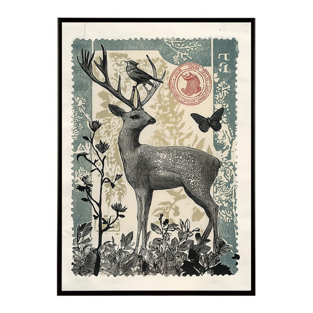 【B1サイズ（約73x103cm）】【lh-poster-11494】切手風 レトロ 動物 アニマル 擦れ 古典 シャビー ポスター フレーム付き インテリア お洒落
