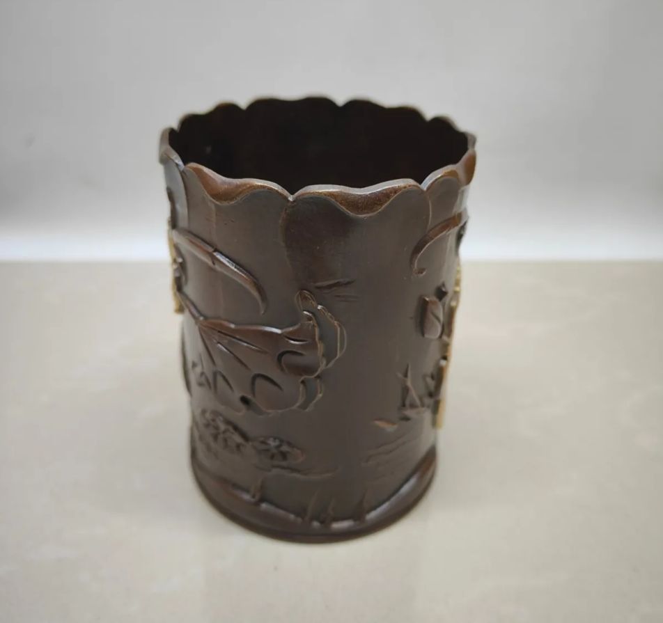 铜器鲤莲花笔筒书道具文房具现代工芸品美术品置物