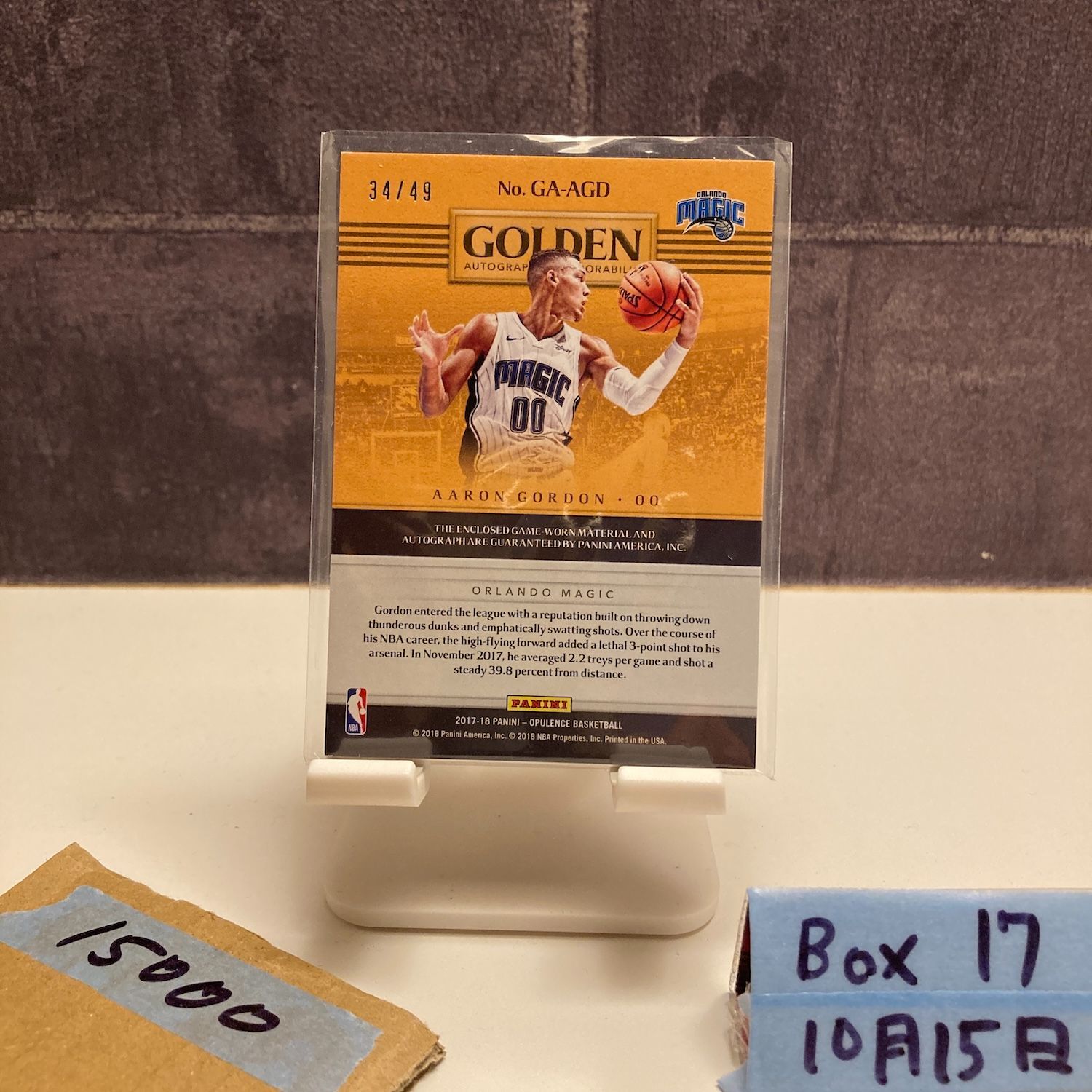 2017-18 Panini Opulence Aaron Gordon 34 49 直筆サインカード Orlando Magic Game-Worn パッチ G en Autographed Memorabilia カード