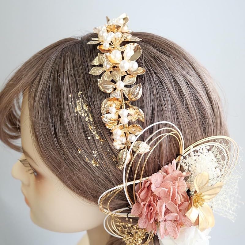  Lomeri ロメリ ゴールド カチューシャ ドライフラワーの髪飾り 成人式 卒業式 結婚式 袴 E 32 ピンク 0 七五三 季節 年中行事