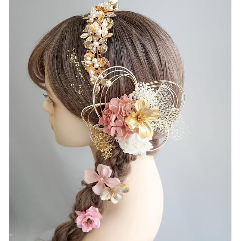 Lomeri ロメリ ゴールド カチューシャ ドライフラワーの髪飾り 成人式 卒業式 結婚式 袴 E 32 ピンク 0
