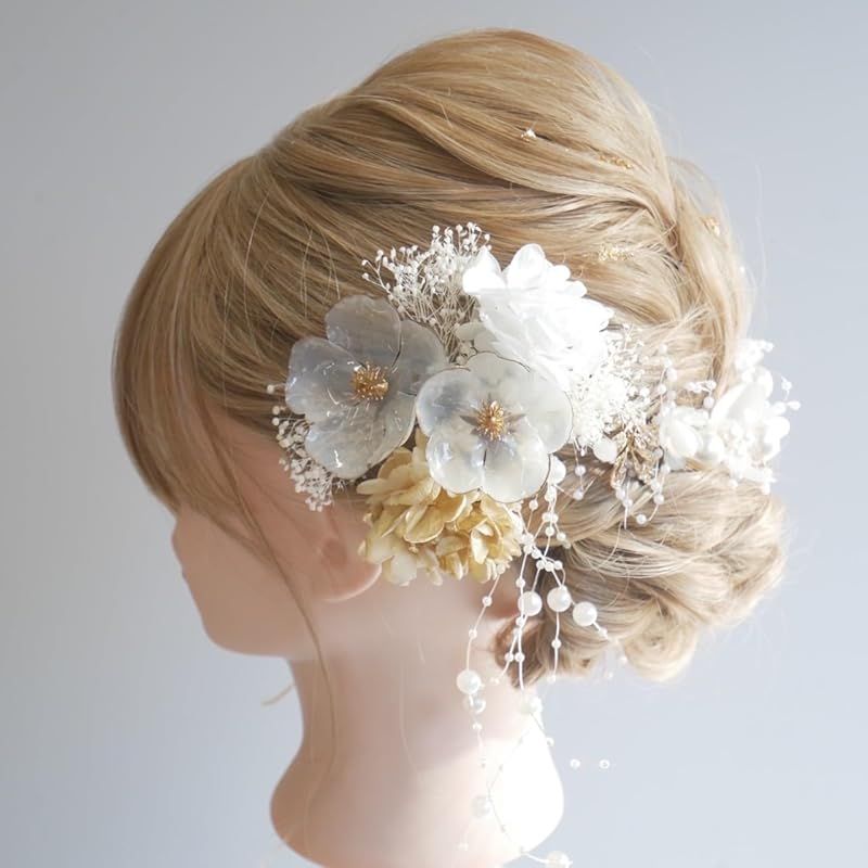 Lomeri ロメリ ゴールド カチューシャ ドライフラワーの髪飾り 成人式 卒業式 結婚式 袴 E 25 パール 0