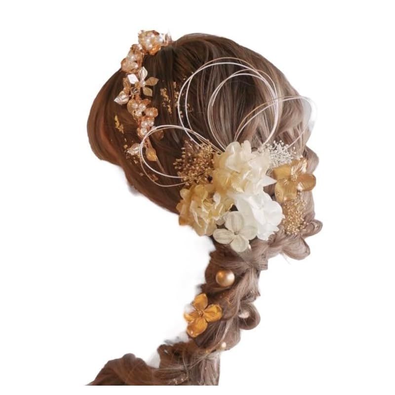 Lomeri ロメリ ゴールド カチューシャ ドライフラワーの髪飾り 成人式 卒業式 結婚式 袴 ゴールドE 20 0