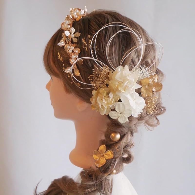 Lomeri ロメリ ゴールド カチューシャ ドライフラワーの髪飾り 成人式 卒業式 結婚式 袴 ゴールドE 20 0