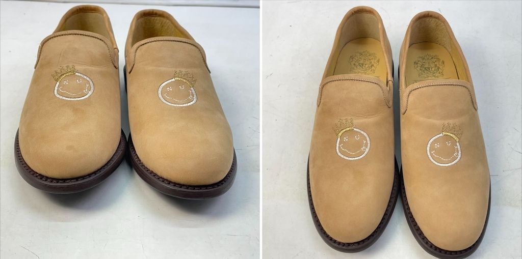 01 w 5873 〇 カミナンド nano universe ナノユニバース Embroidery Slip On Shoes スリッポン サイズ8 26 0～27 0程度 ベージュ 箱あり メンズシューズ 品