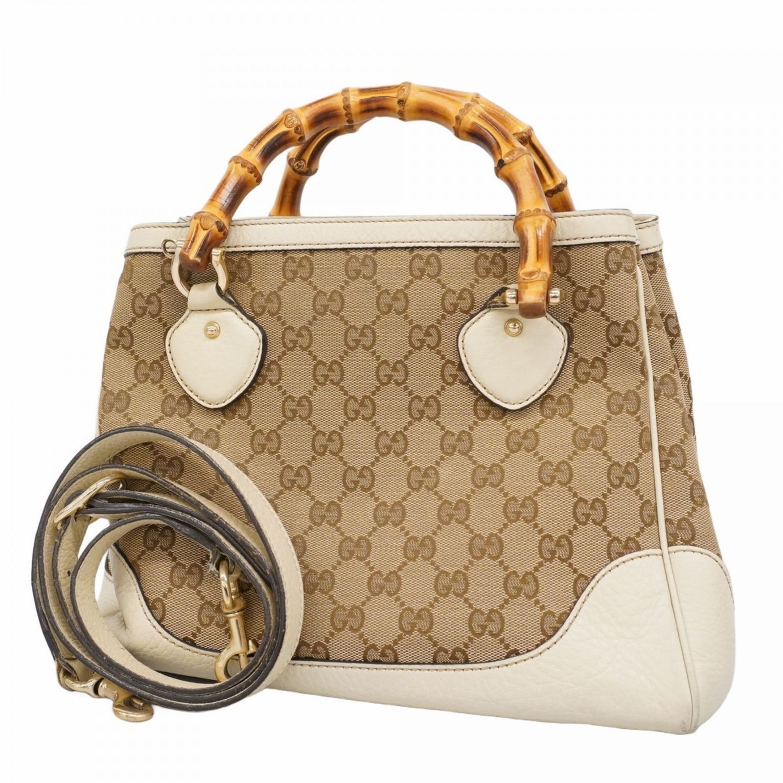 【5pa1020】グッチ ハンドバッグ GGキャンバス/バンブー 308360 キャンバス ブラウン アイボリー ゴールド金具 2wayバッグ【中古】レディース グッチ(Gucci) グッチ ハンドバッグ GGキャンバス バンブー 308360
