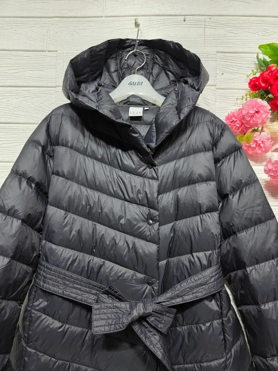 ELLE 軽量 フード ダウンジャケット ロング丈 ダウン L 66-77