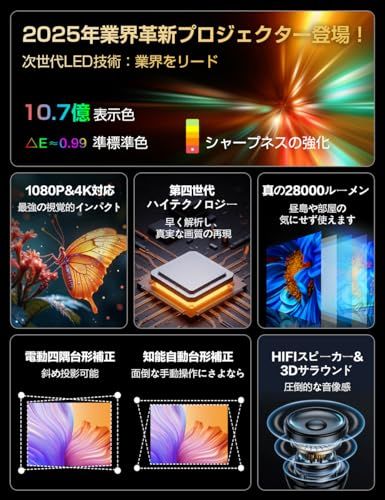 プロジェクター 家庭用 28000 LM 270°回転 4 K対応 最新Android TV搭載 1080 P 天井投影 Wi Fi 6 50％ズーム機能 短距離投影 軽量 スマホ パソコン PS機 DVD接続可 スタンド一体型 プレゼン a 61 e 096 d