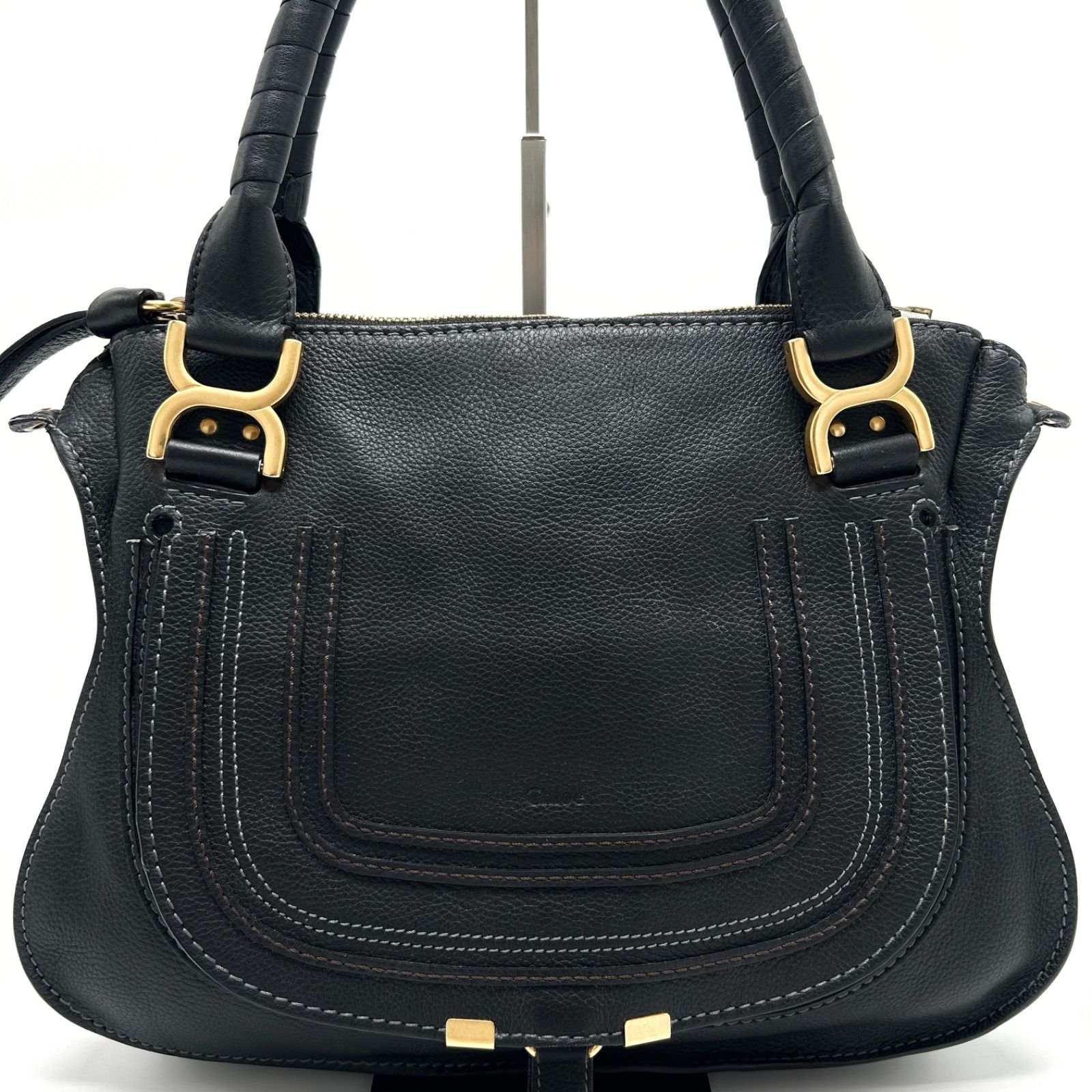 級 Chloe クロエ マーシー Marcie ハンドバッグ 2 WAY ショルダー 肩掛け ゴールド金具 ロゴ型押し ブラック レザー メンズ レディース ユニセックス