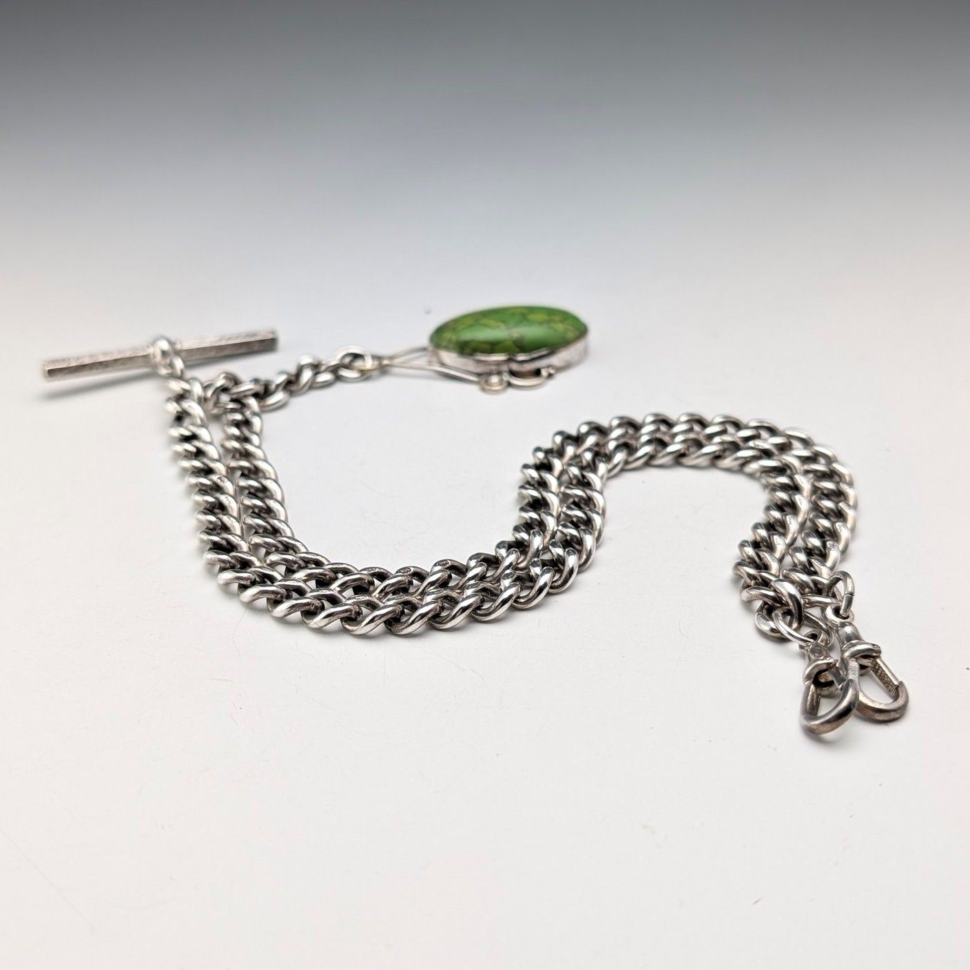 英国アンティーク 純銀製 ダブルアルバートチェーン 67g グリーン