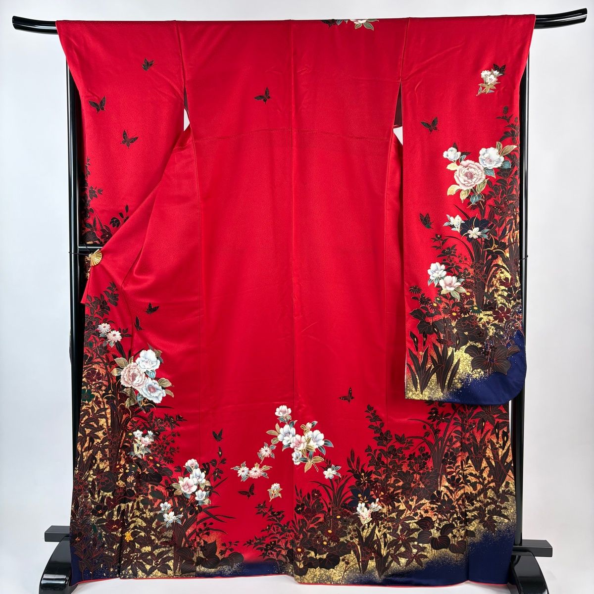 振袖 身丈169 cm 裄丈68 L 袷 草花 蝶 金銀彩 赤 正絹 秀品
