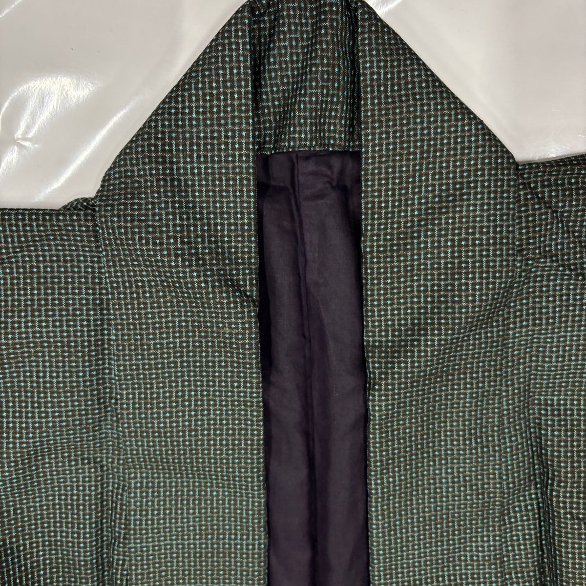  男着物 身丈153 cm 裄丈67 5 L 袷 アンサンブル 紬 幾何学 緑 正絹 秀品 着物 着物 浴衣