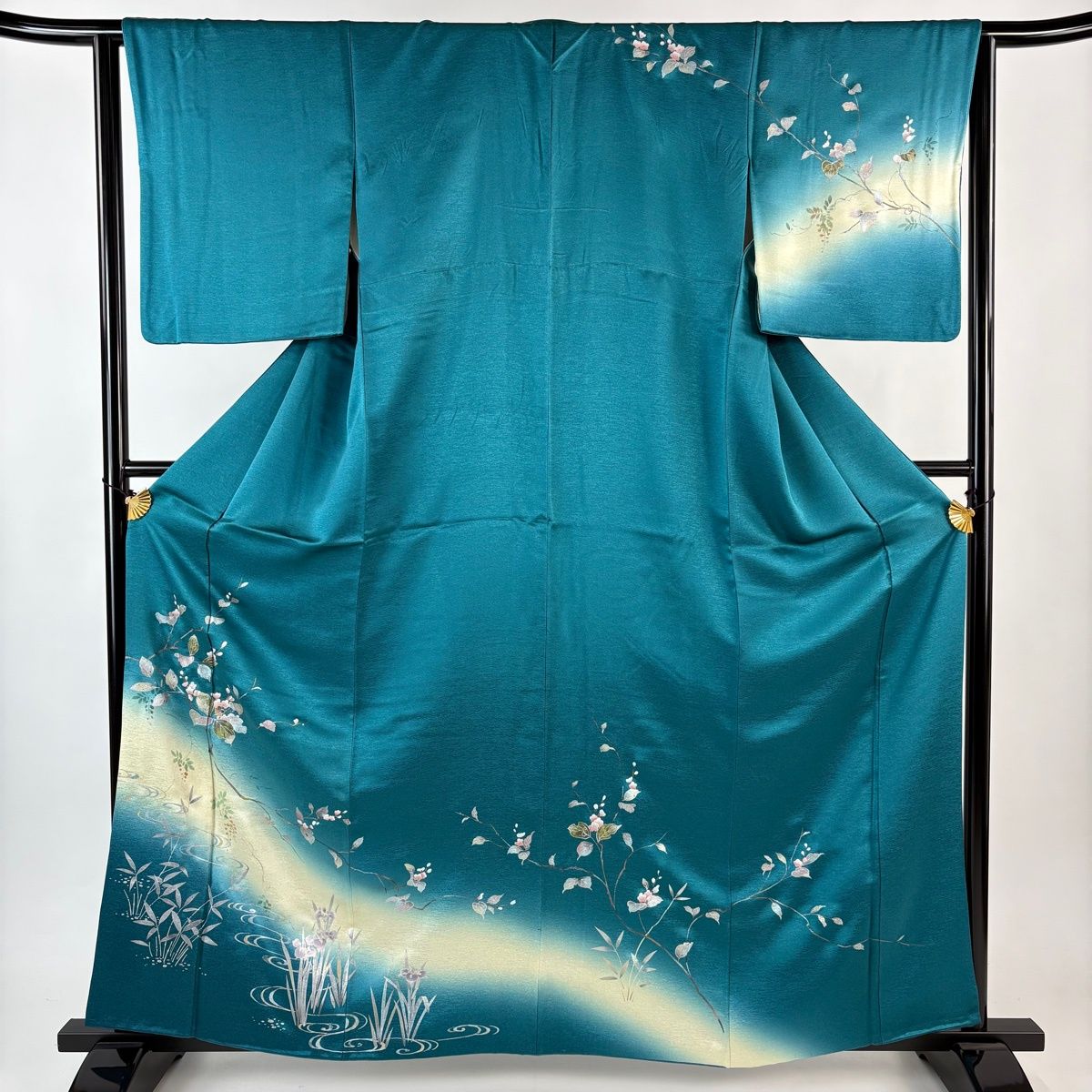 訪問着 身丈161cm 裄丈63.5cm S 袷 枝花 流水 金銀彩 螺鈿 青緑 正絹