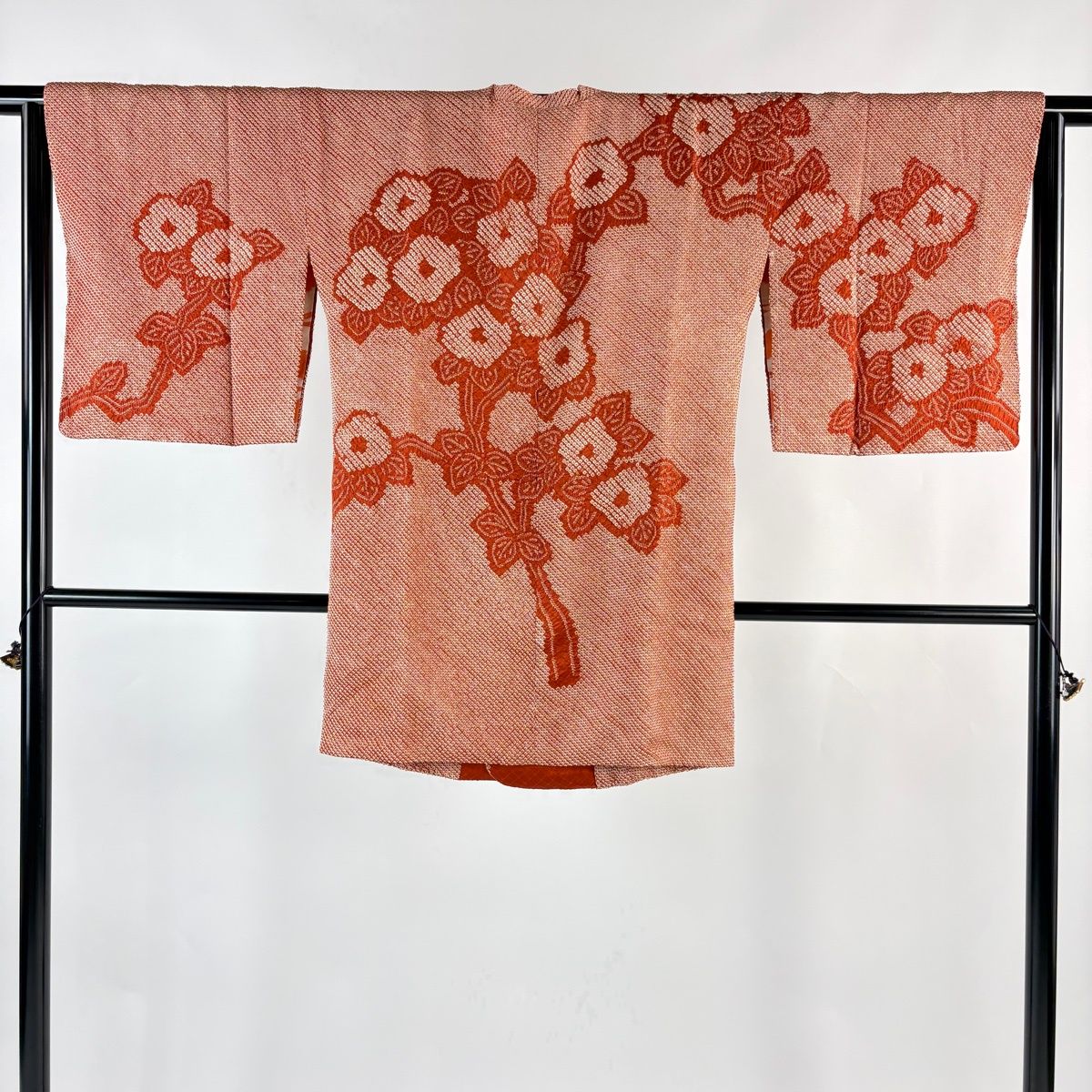道行 身丈87 cm 裄丈65 M 和装コート 角衿 草花 総絞り オレンジ 正絹 秀品