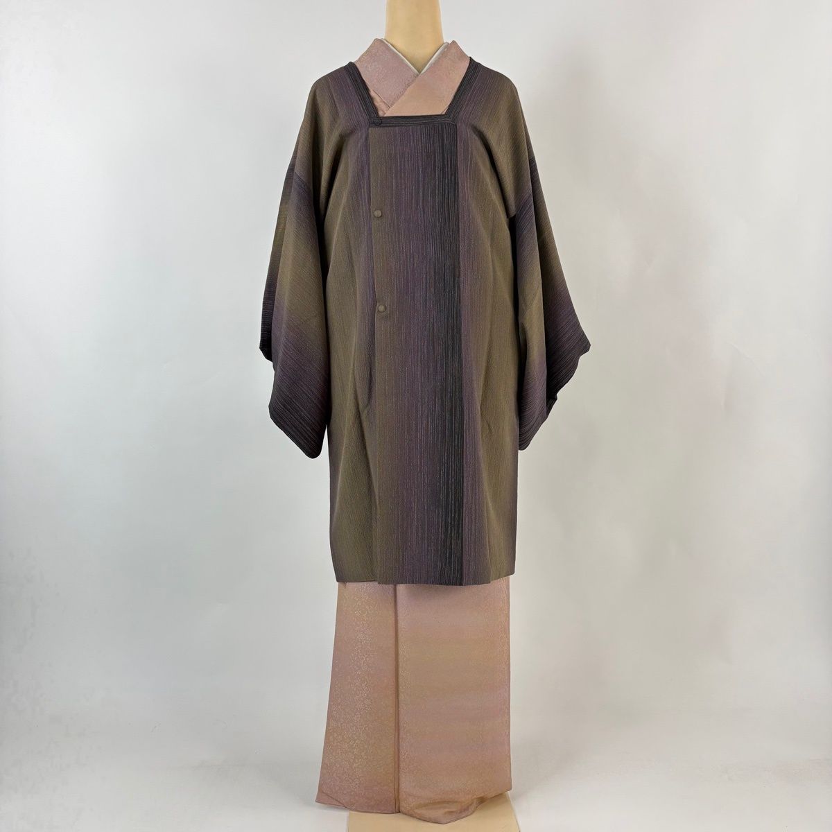 道行 身丈98 cm 裄丈65 M 和装コート 角衿 縦縞 灰紫 正絹 秀品