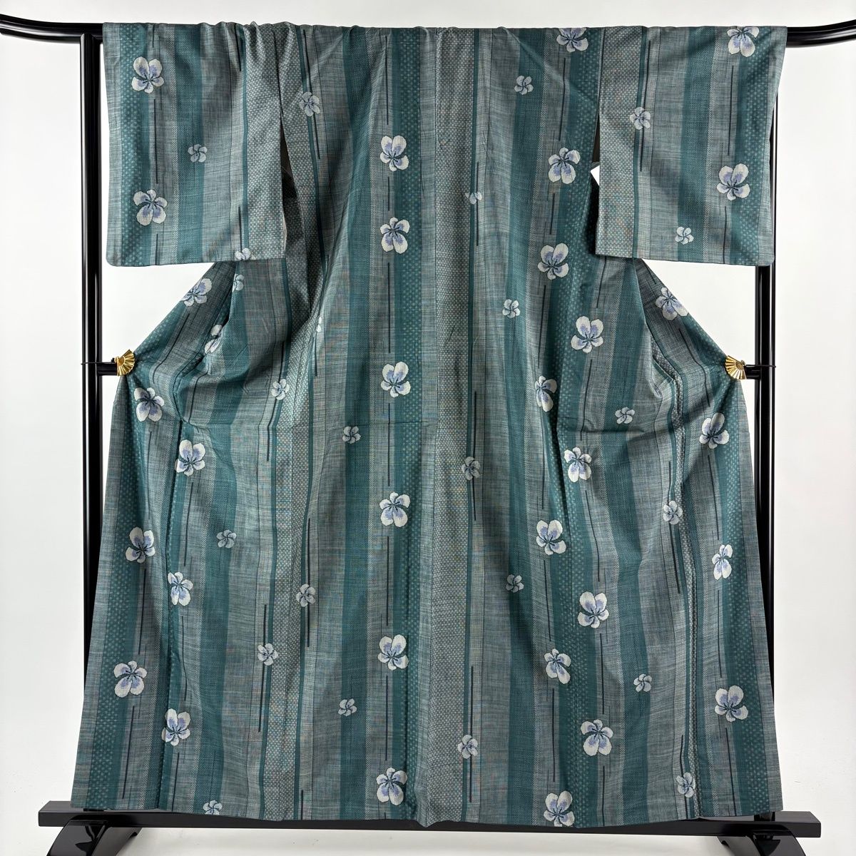 紬 身丈160 cm 裄丈67 5 L 袷 縦縞 花 青緑 正絹 秀品