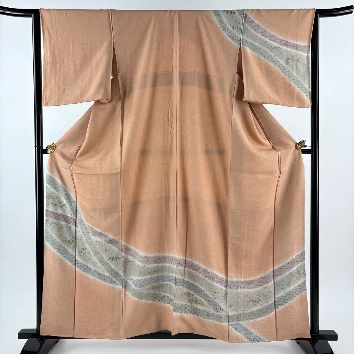 訪問着 身丈159.5 cm 裄丈65 M 袷 花鳥 菱 金彩 刺繍 薄オレンジ 正絹 秀品