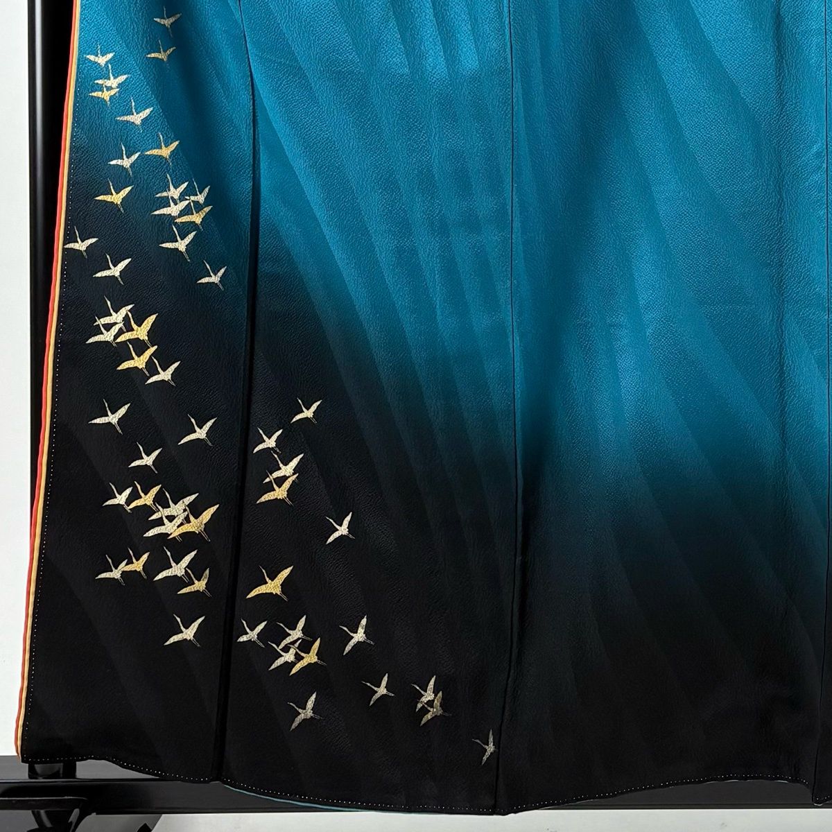 振袖 身丈159 cm 裄丈68 L 袷 鶴 地紋 金彩 染め分け 青緑 正絹 秀品