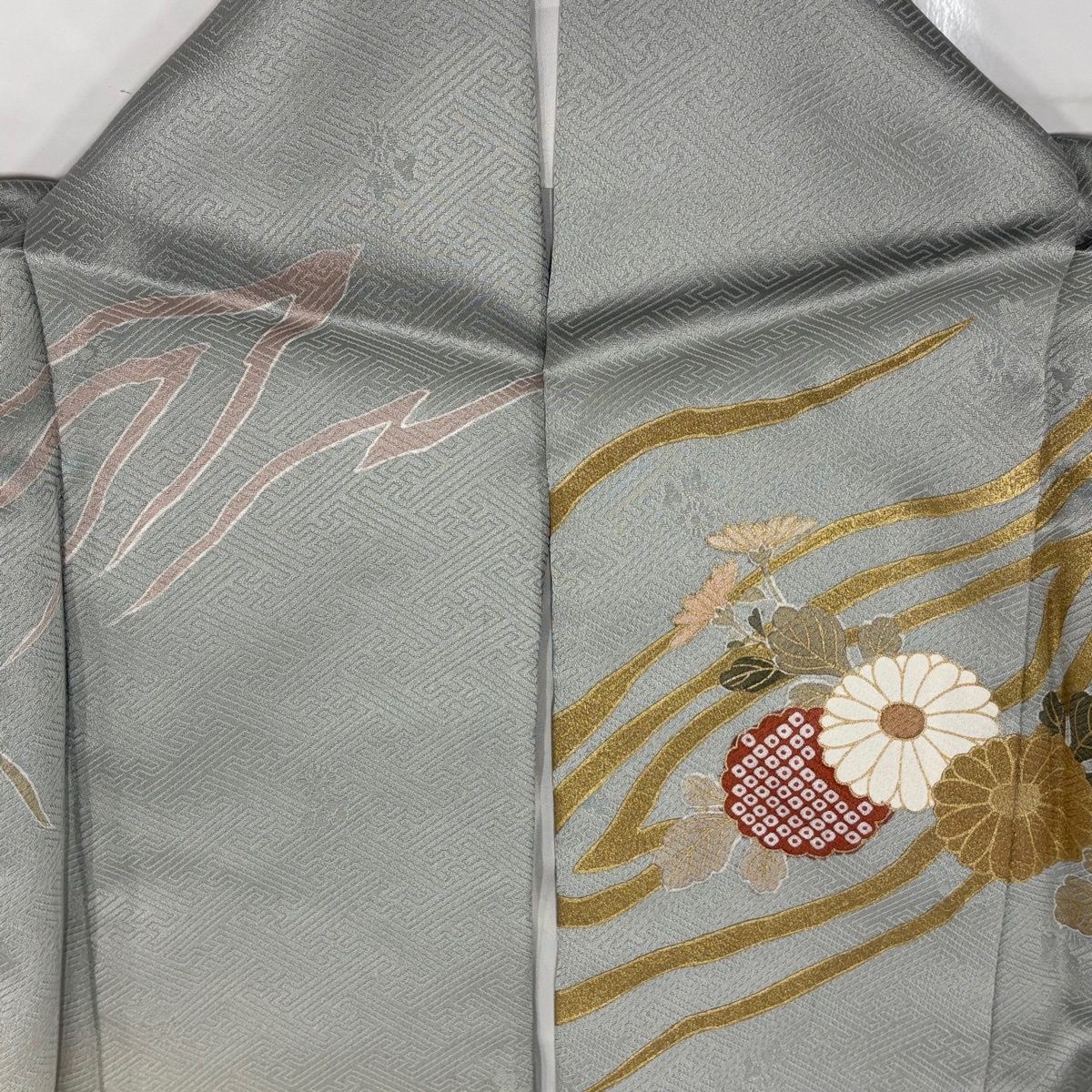  訪問着 身丈163 cm 裄丈66.5 M 袷 菊 蒼 金糸 金彩 灰緑 正絹 秀品 訪問着 付け下げ 着物