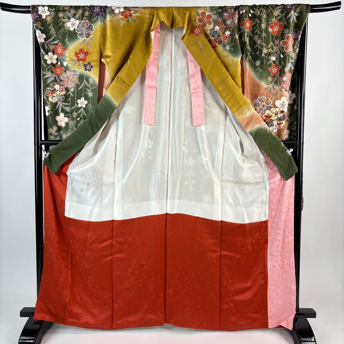  振袖 身丈166 5 cm 裄丈67 L 袷 桜 菊 金糸 金銀彩 深緑 正絹 秀品 振袖 着物