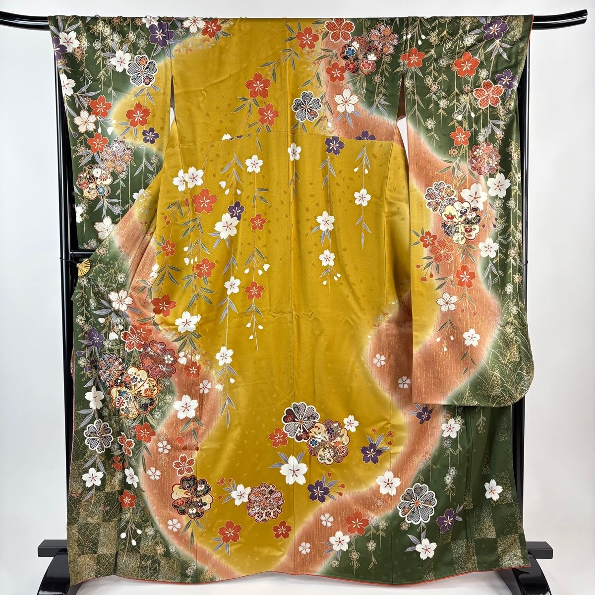 振袖 身丈166.5cm 裄丈67.5cm L 袷 桜 菊 金糸 金銀彩 深緑 正絹 秀品