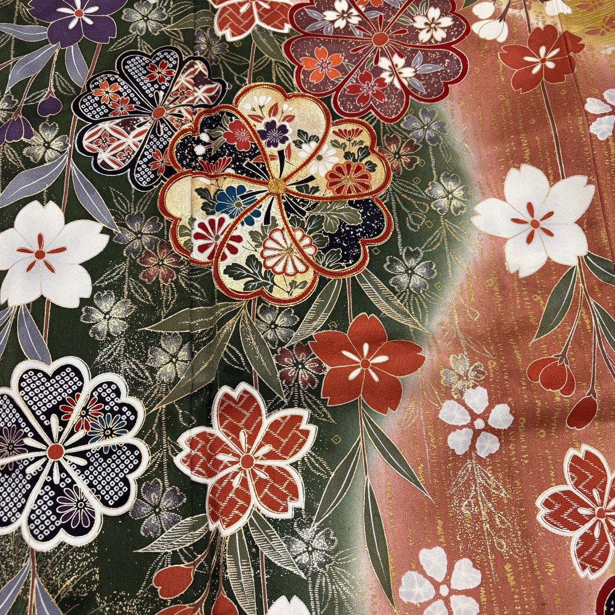 振袖 身丈166.5cm 裄丈67.5cm L 袷 桜 菊 金糸 金銀彩 深緑 正絹 秀品