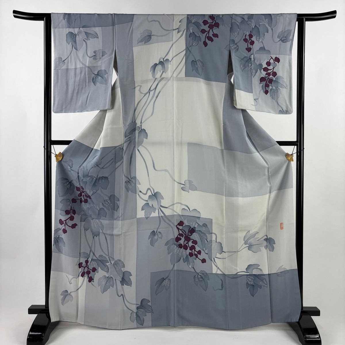 訪問着 身丈167 cm 裄丈62.5 S 袷 落款 蔦 幾何学模様 青灰色 正絹 秀品