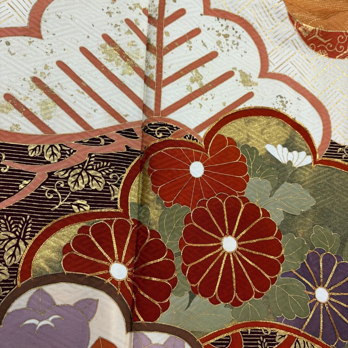  訪問着 身丈166 cm 裄丈65 M 袷 松 菊 金糸 金彩 オレンジ 正絹 秀品 訪問着 付け下げ 着物