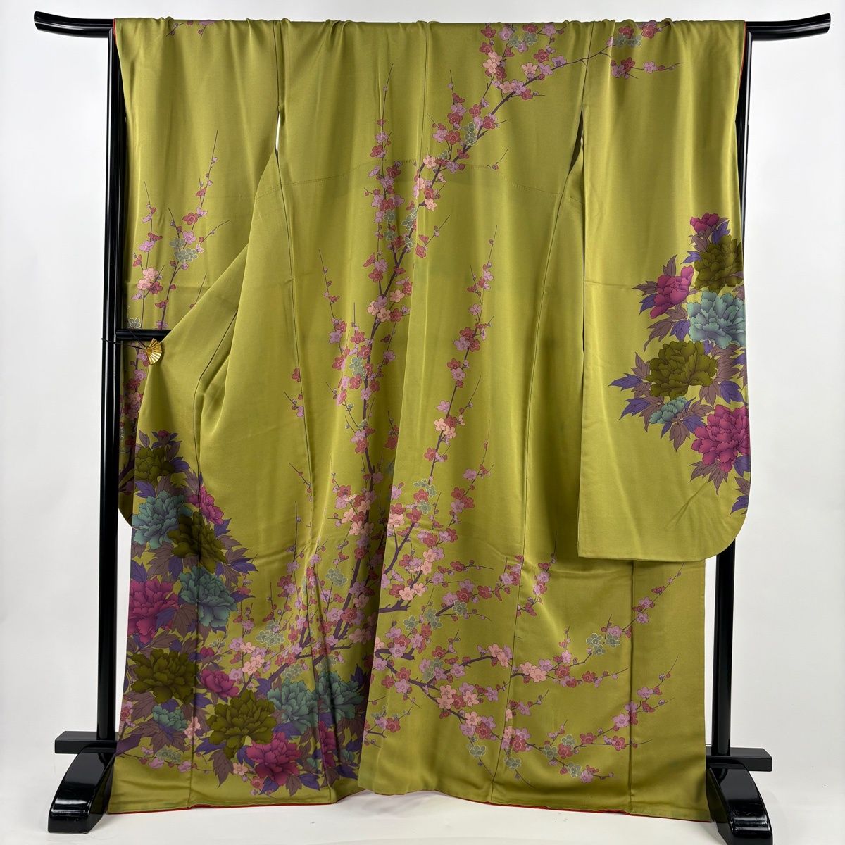 振袖 身丈169 cm 裄丈71 L 袷 牡丹 枝梅 金彩 よもぎ色 正絹 秀品