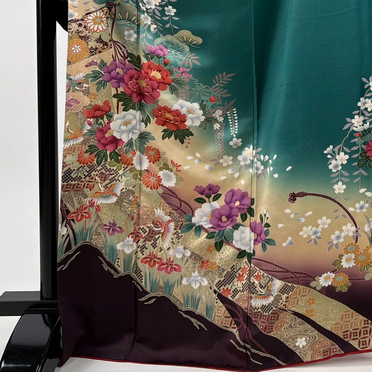 振袖 身丈169.5 cm 裄丈64.5 M 袷 牡丹 几帳 金糸 金彩 緑 正絹 秀品