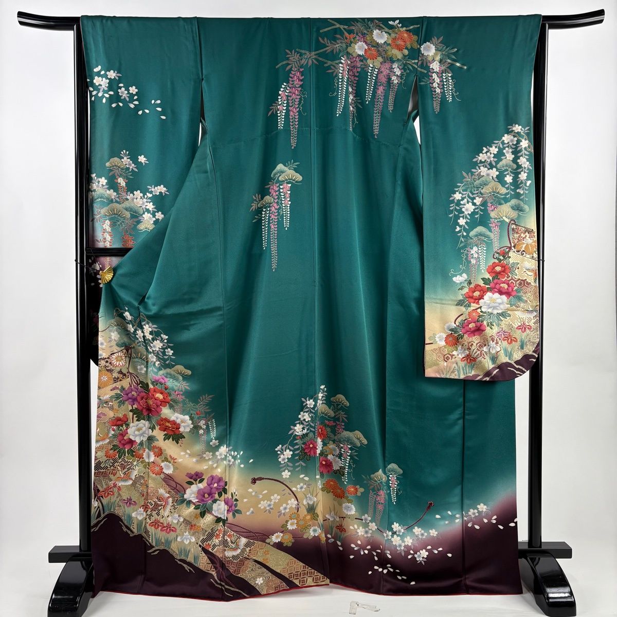 振袖 身丈169 5 cm 裄丈64 M 袷 牡丹 几帳 金糸 金彩 緑 正絹 秀品