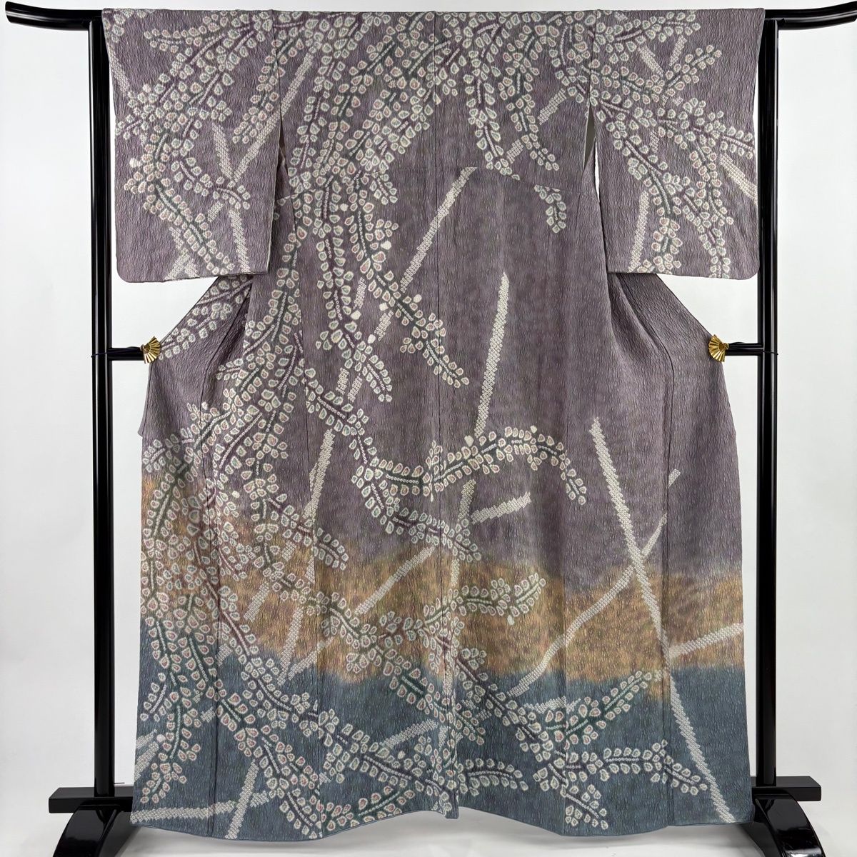 訪問着 身丈161.5 cm 裄丈63 S 袷 葉柄 絞り 染め分け 灰紫 正絹 秀品