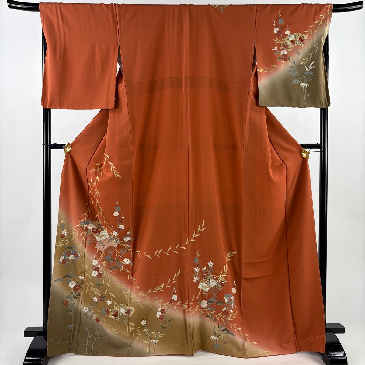 訪問着 身丈168.5 cm 裄丈68.5 L 袷 扇 梅 金彩 染め分け オレンジ 正絹 秀品