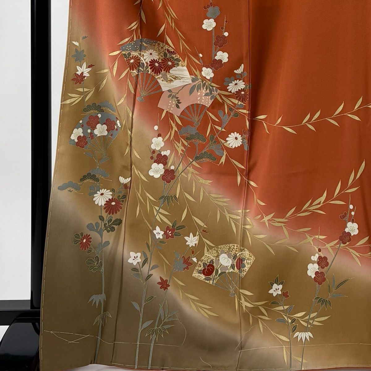 訪問着 身丈168.5 cm 裄丈68.5 L 袷 扇 梅 金彩 染め分け オレンジ 正絹 秀品