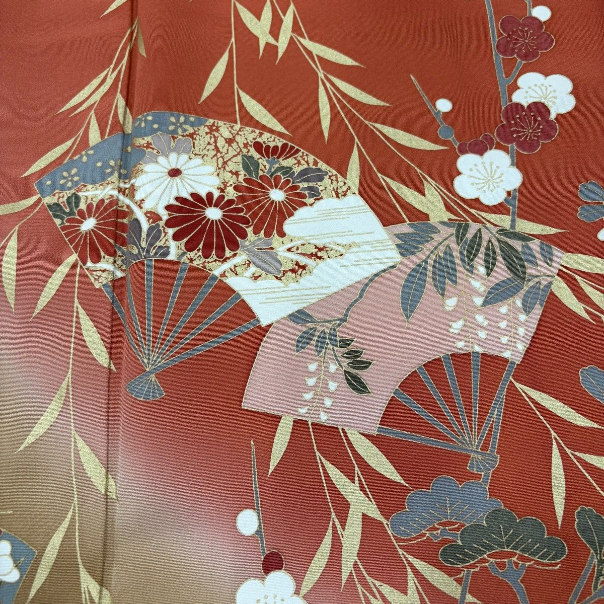  訪問着 身丈168 5 cm 裄丈68 L 袷 扇 梅 金彩 染め分け オレンジ 正絹 秀品 訪問着 付け下げ 着物
