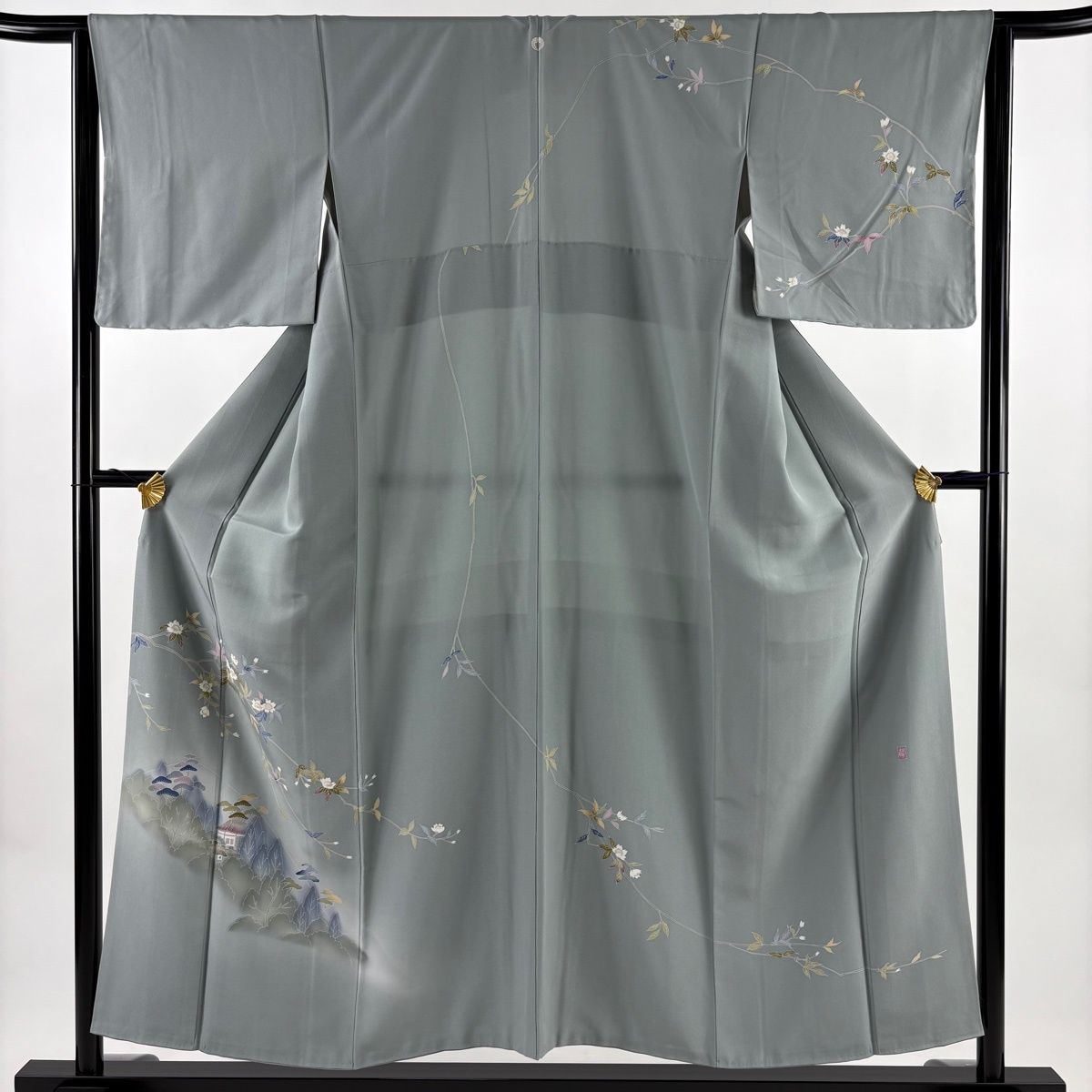 訪問着 身丈153.5 cm 裄丈64 M 袷 落款 枝花 家屋 ぼかし 青灰色 正絹 秀品 一つ紋