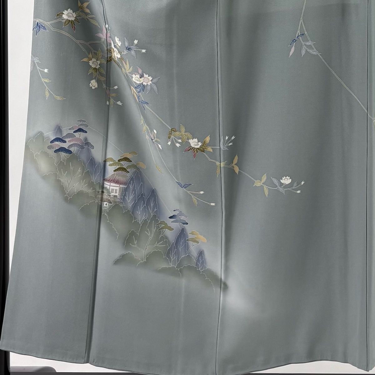 訪問着 身丈153.5 cm 裄丈64 M 袷 落款 枝花 家屋 ぼかし 青灰色 正絹 秀品 一つ紋