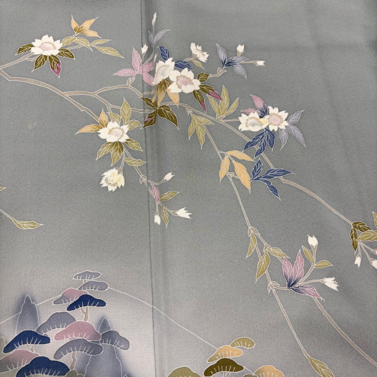  訪問着 身丈153 5 cm 裄丈64 M 袷 落款 枝花 家屋 ぼかし 青灰色 正絹 秀品 一つ紋 訪問着 付け下げ 着物