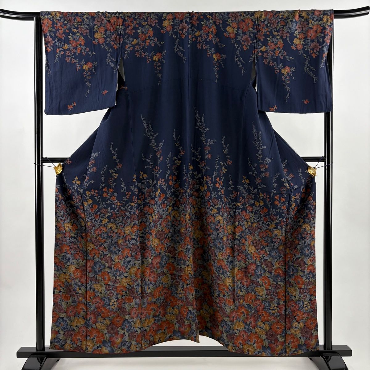 訪問着 身丈155 cm 裄丈66.5 M 袷 草花 金彩 紺色 正絹 秀品