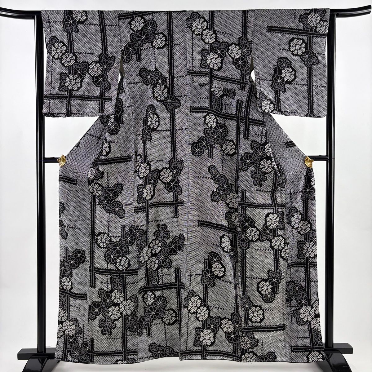 小紋 身丈159 cm 裄丈63 S 袷 菊 絞り 黒灰 正絹 秀品