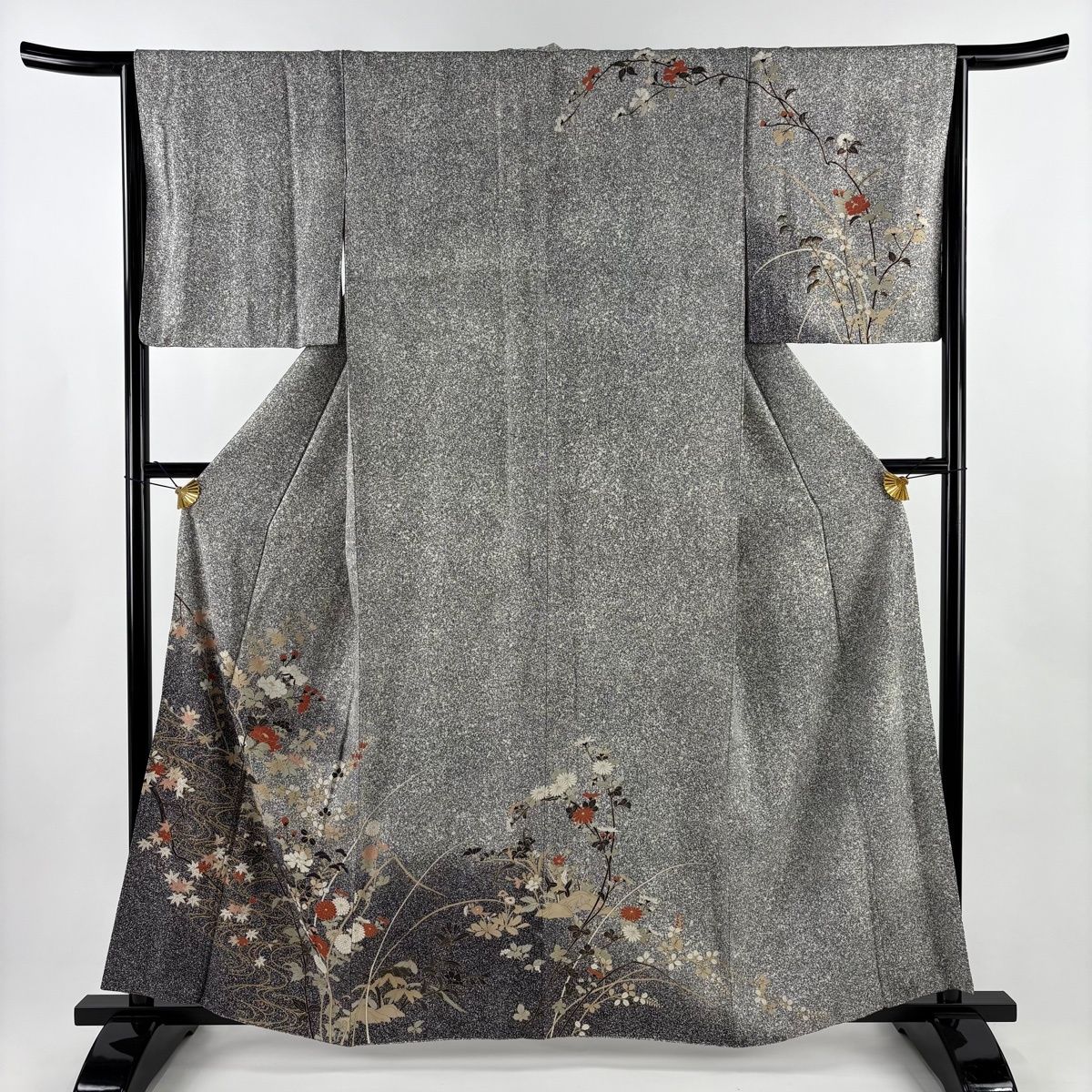 訪問着 身丈160cm 裄丈64cm M 袷 枝花 流水 金彩 黒灰 正絹 秀品 【】